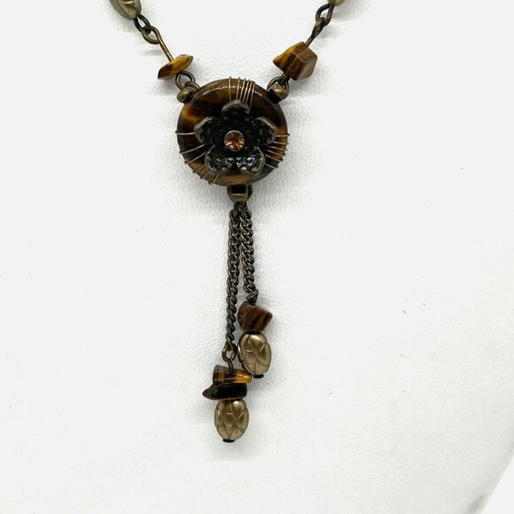 Avon Tiger Eye Necklace Dangle Floral  Vintage Brass-tone up to 19 inches - Picture 3 of 15
